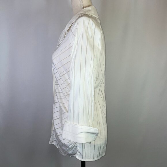 Farinaz Taghavi Ruched Blouse Size 12 White Sheer Stripes Abalone Button Down - Picture 2 of 9
